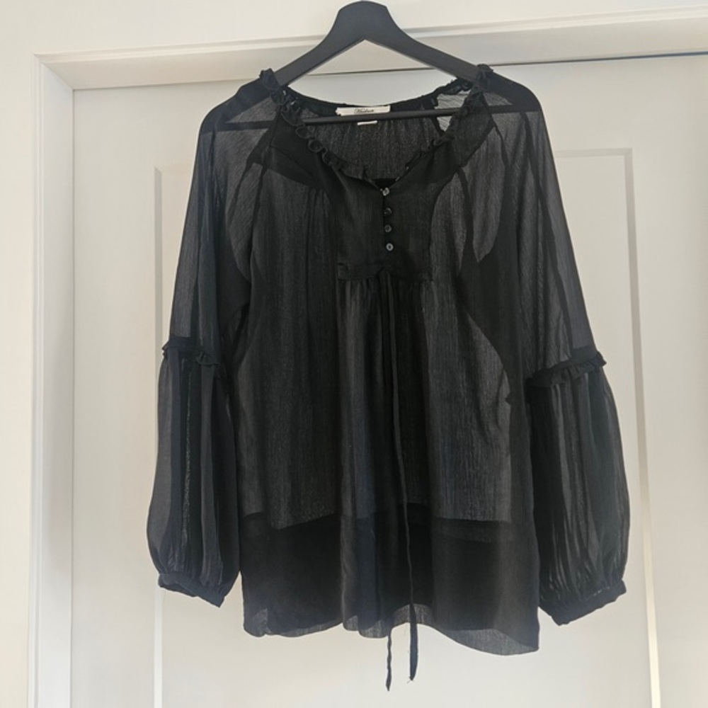 Hudson Jeans Sheer Black Ruffle-Trim Peasant Blouse